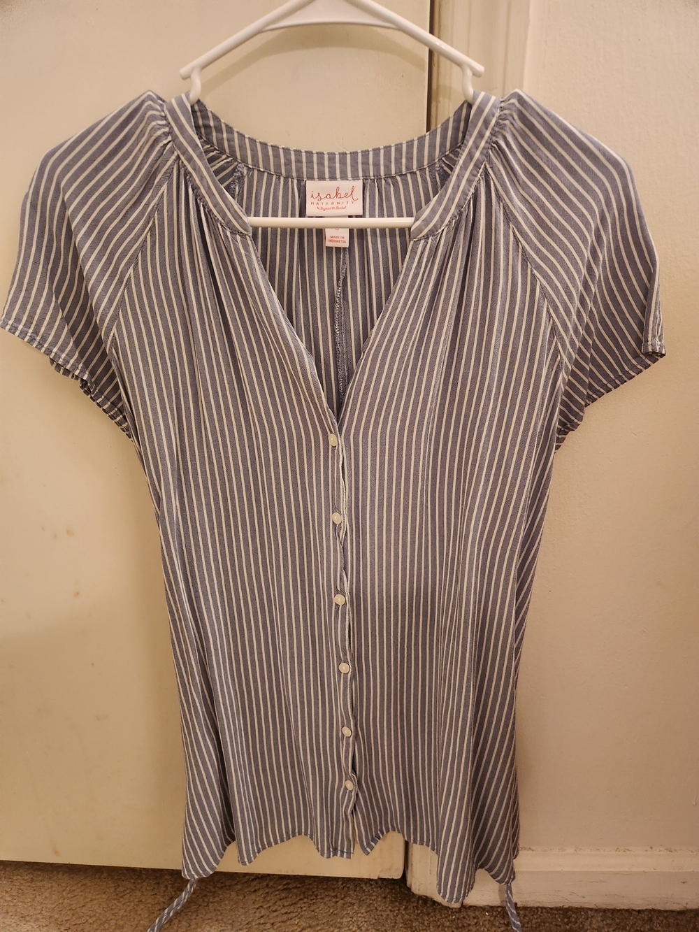 Maternity Blue and White Striped Button-Front Women’s Top